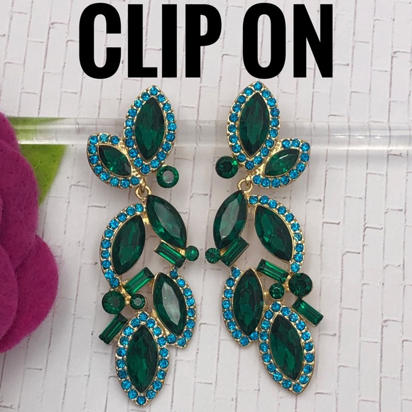 Fashion Jewelry Jewelry - Green Rhinestone Clip On Dangle Earrings